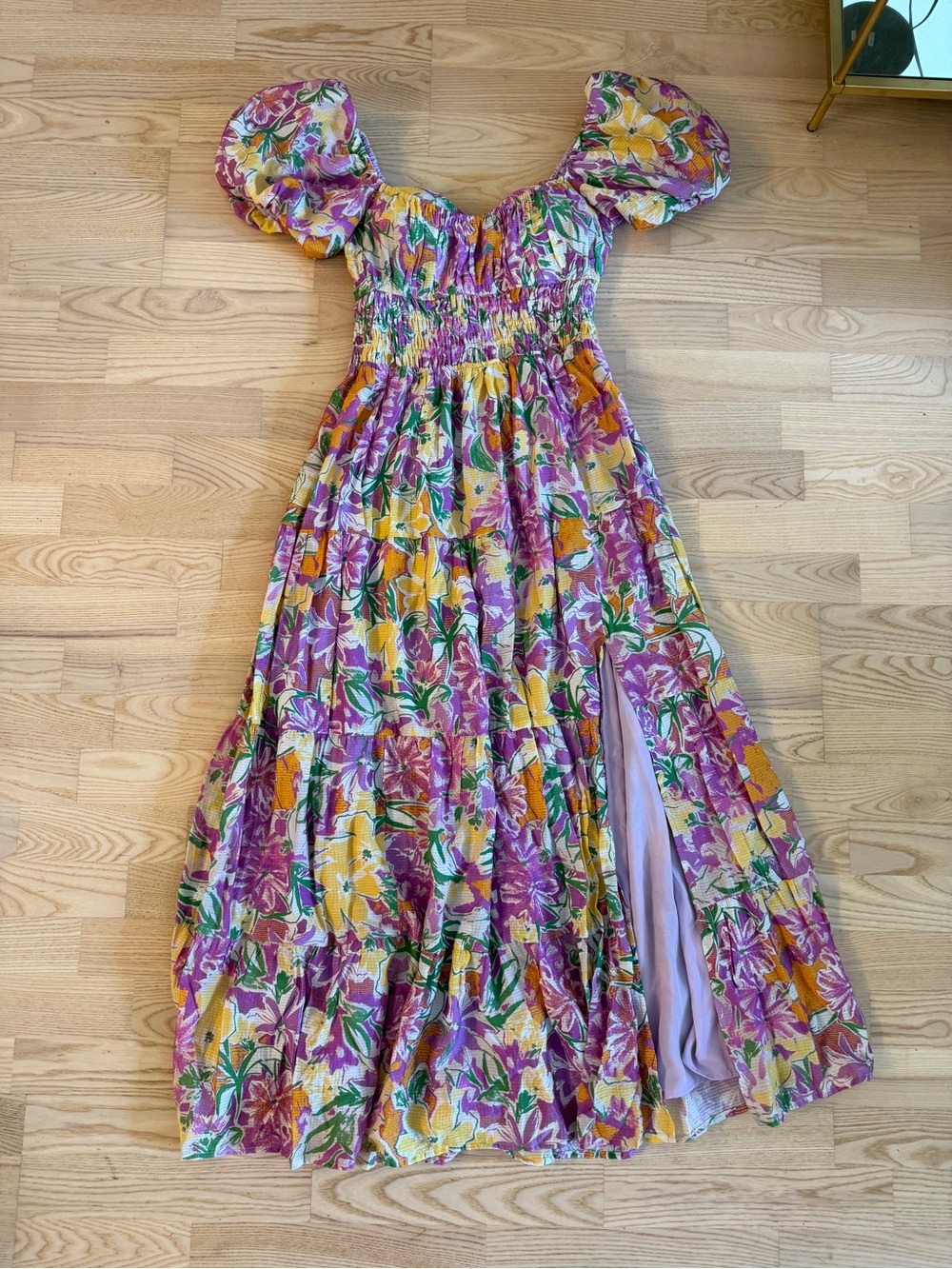 Astr Florentina Floral Puff-Sleeve Midi Dress in Pink, Orange, Yellow and Green - Picture 7 of 14